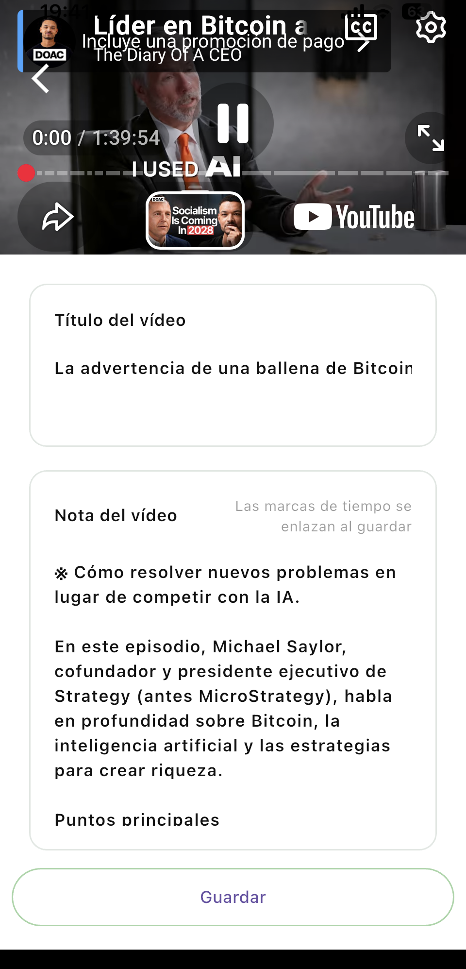 Pantalla de PickTube para ver un video y escribir notas