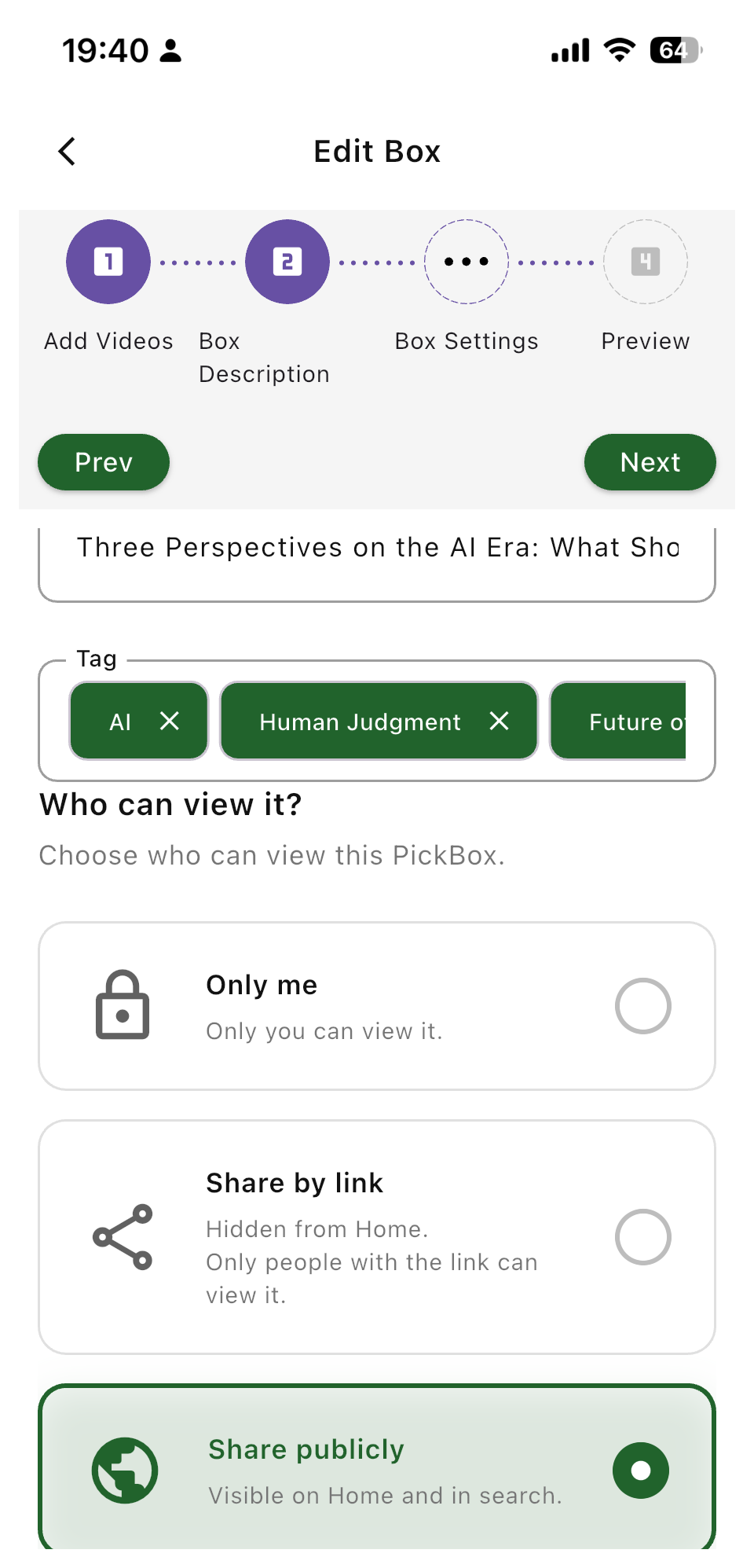 The PickTube app screen for choosing PickBox visibility