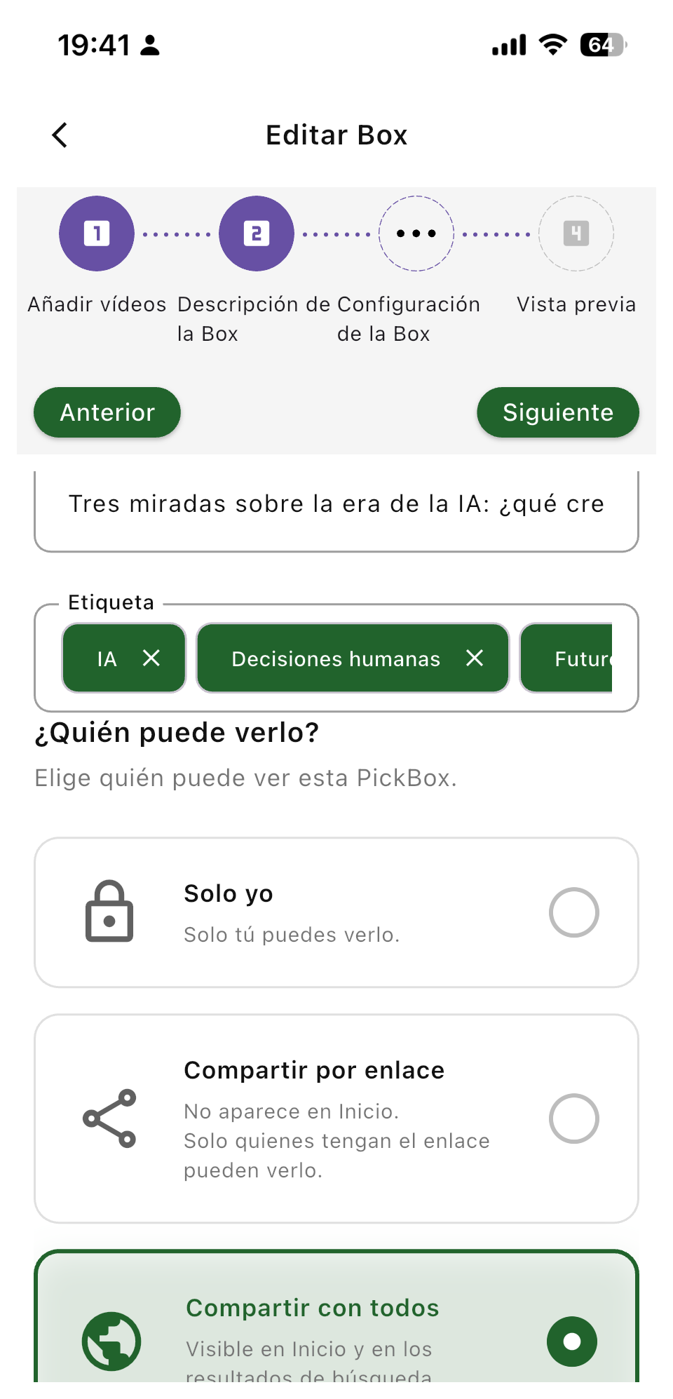 Pantalla de PickTube para elegir la visibilidad del PickBox